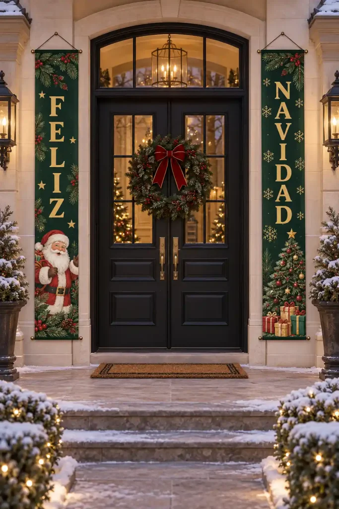 Banners navideños verticales en verde clásico a ambos lados de la entrada de una villa