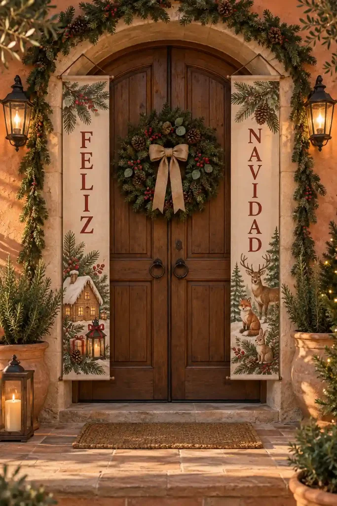 Banners navideños con animales del bosque en una puerta rústica mediterránea
