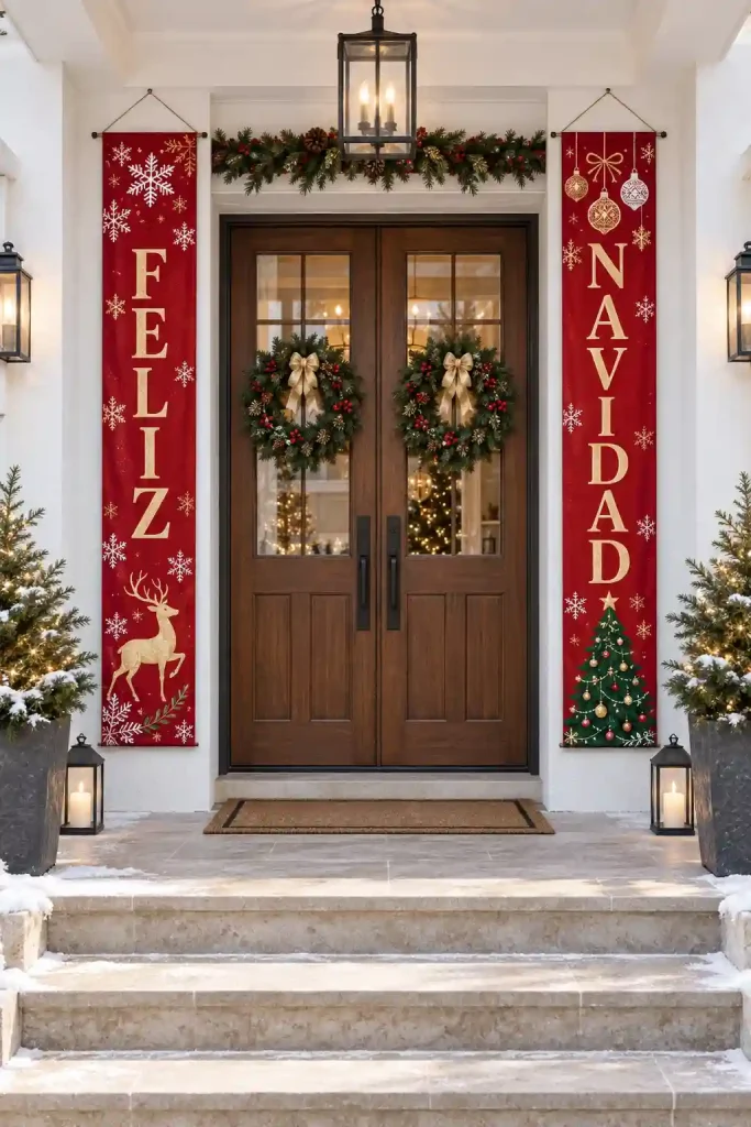 Banners navideños rojos con copos de nieve en una entrada moderna