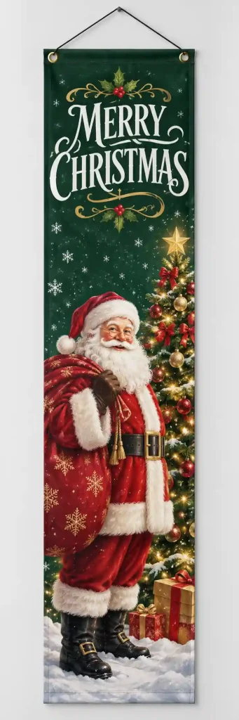 Banner navideño vertical con Papá Noel y árbol de Navidad