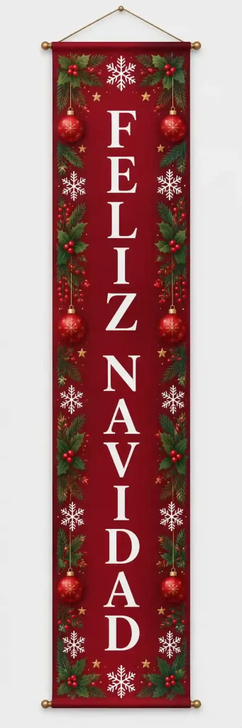 Banner navideño vertical rojo con el texto Feliz Navidad
