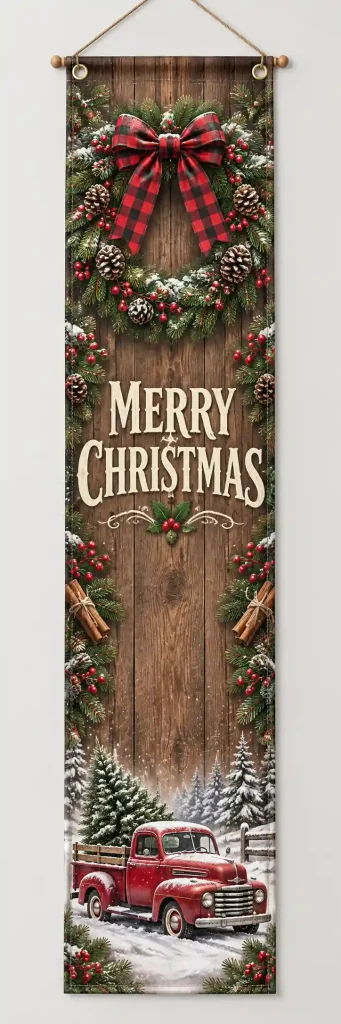 Banner navideño rústico con camioneta roja vintage y guirnalda
