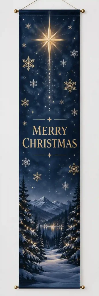 Banner navideño azul marino con estrella dorada y paisaje nevado